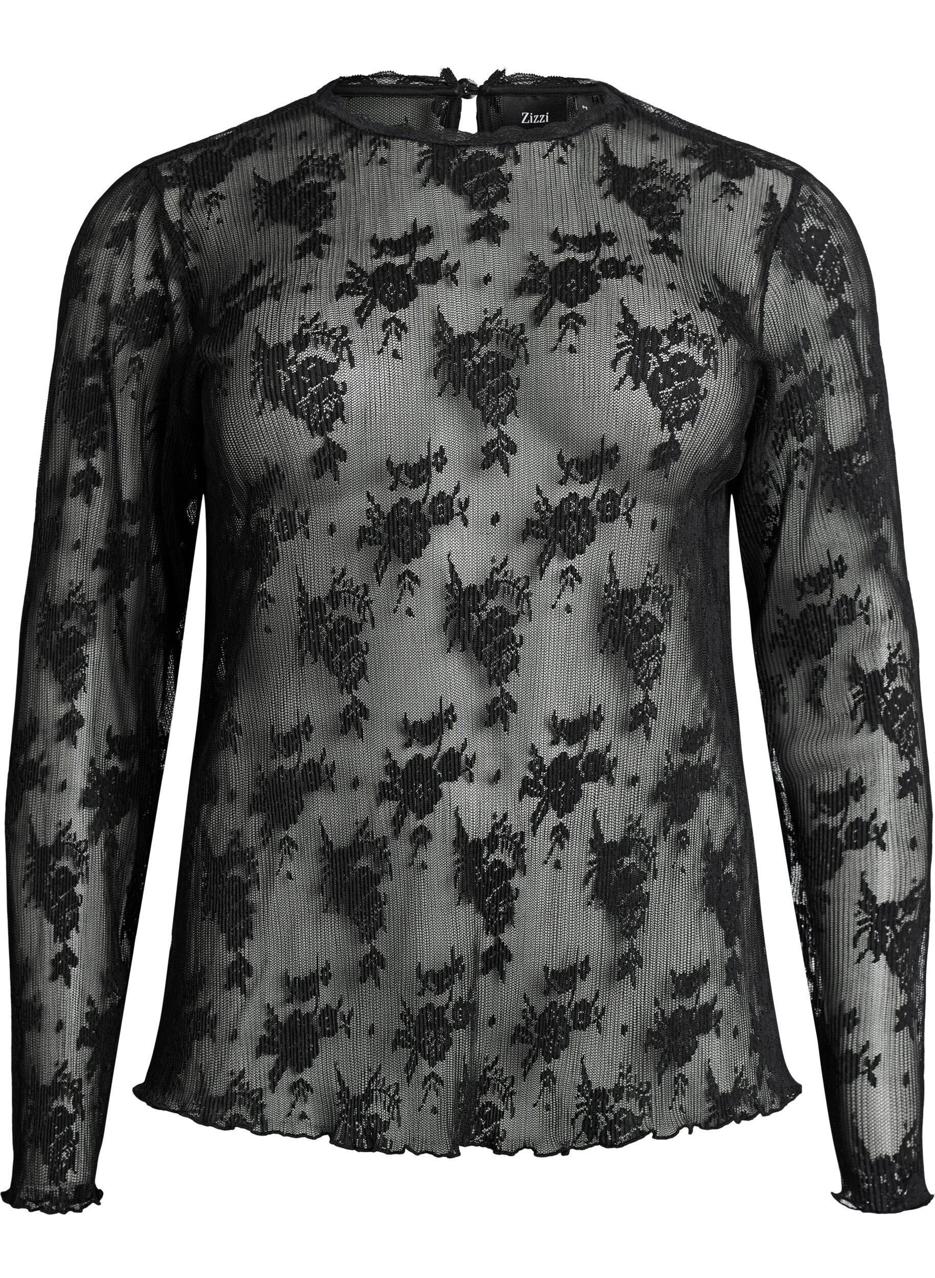 Long-sleeved mesh blouse with lace pattern