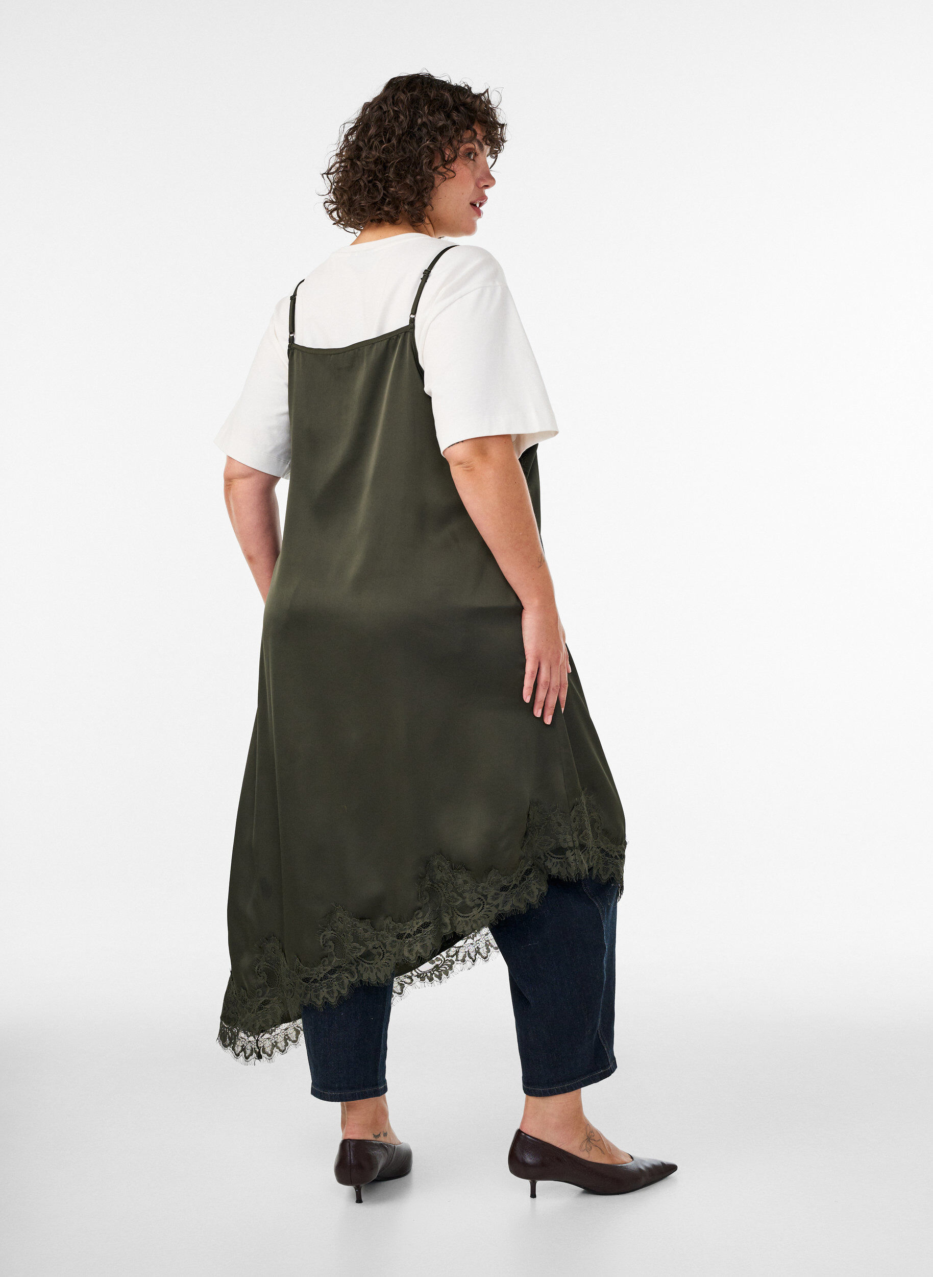 ZizzifashionSatin dress with lace and an asymmetrical hem, Green, Model image number 2