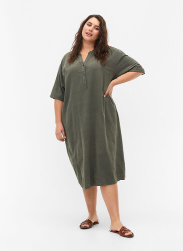 FLASH - Short sleeved midi dress in cotton, Balsam Green, Model image number 0
