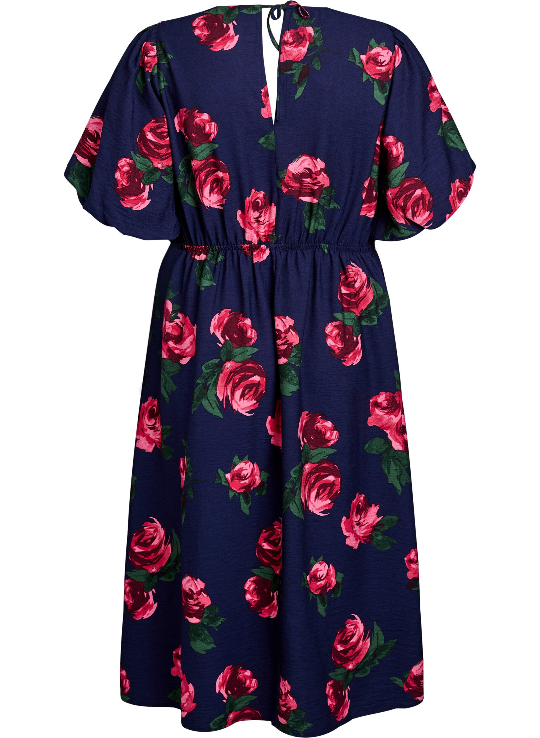 Zizzifashion Midi dress with rose print and short balloon sleeves, Blue, Packshot image number 1