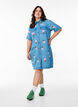 Short denim dress with embroidered flowers, Light Blue, Model image number 1