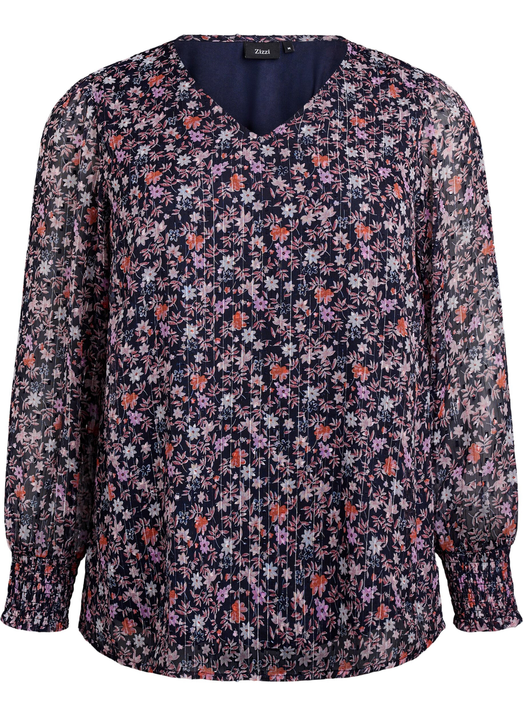 Blouse with floral print and glitter thread