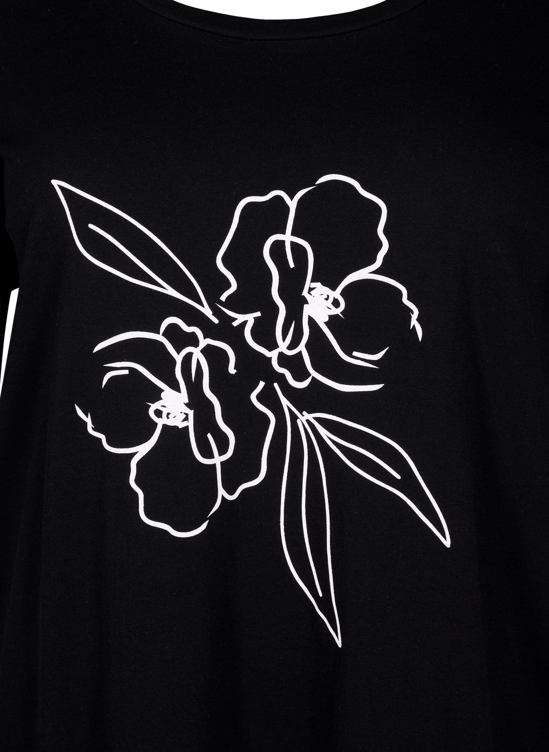 Zizzifashion Cotton T-shirt with a motif, Black w. Flower, Packshot image number 2