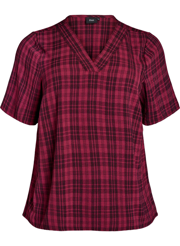 Blouse with check pattern and V-neckline, Dark Bordeaux, Packshot image number 0