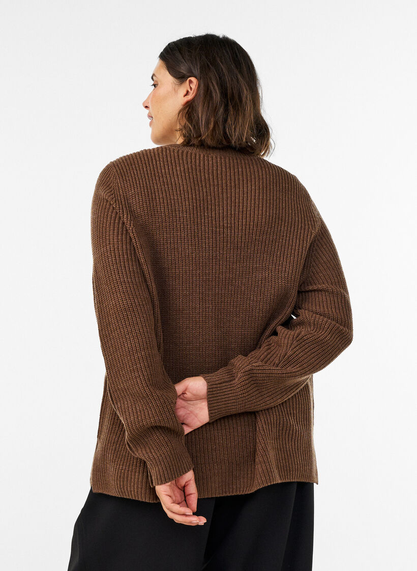 Knitted blouse with ribbed texture and button details, Brown, Model image number 2