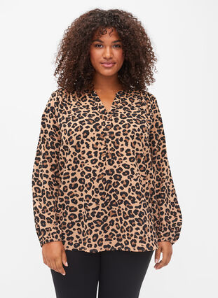 Long-sleeved blouse in leopard print and v-neck, Leopard, Model image number 0