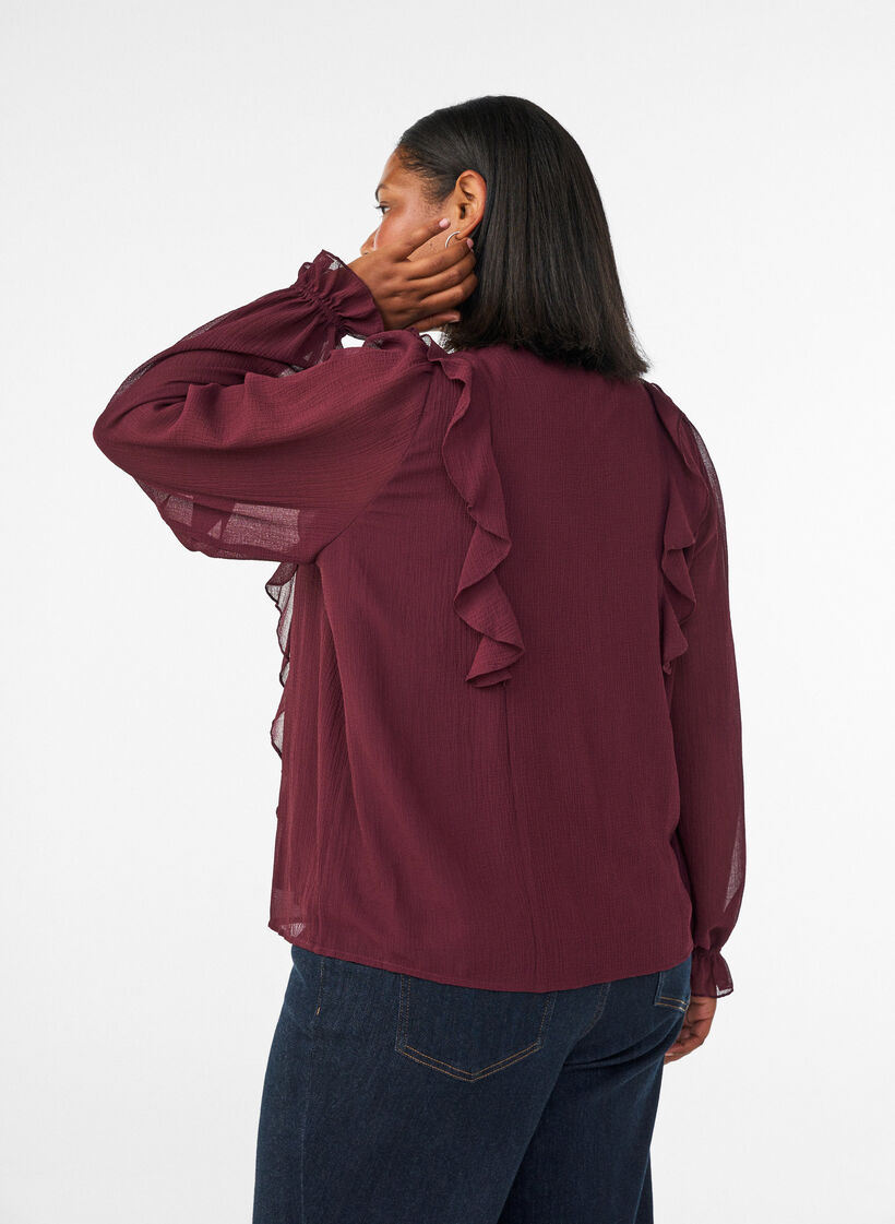 Sheer blouse with ruffles and tie-fastening, Red, Model image number 2