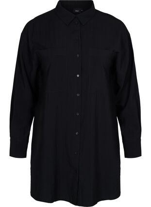 Long viscose shirt with pockets and slits, Black, Packshot image number 0