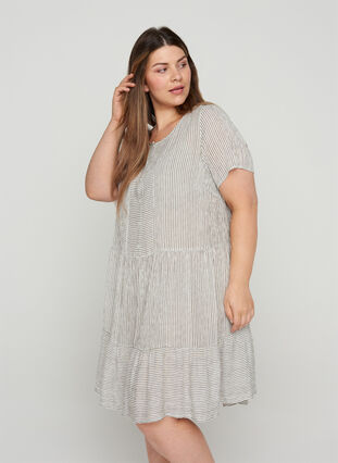 Short-sleeved dress with stripes and buttons, White Stripe, Model image number 0
