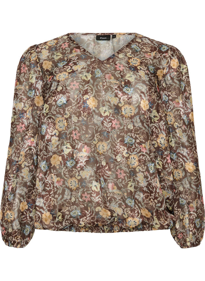 Blouse with floral print and balloon sleeves, Brown, Packshot image number 0