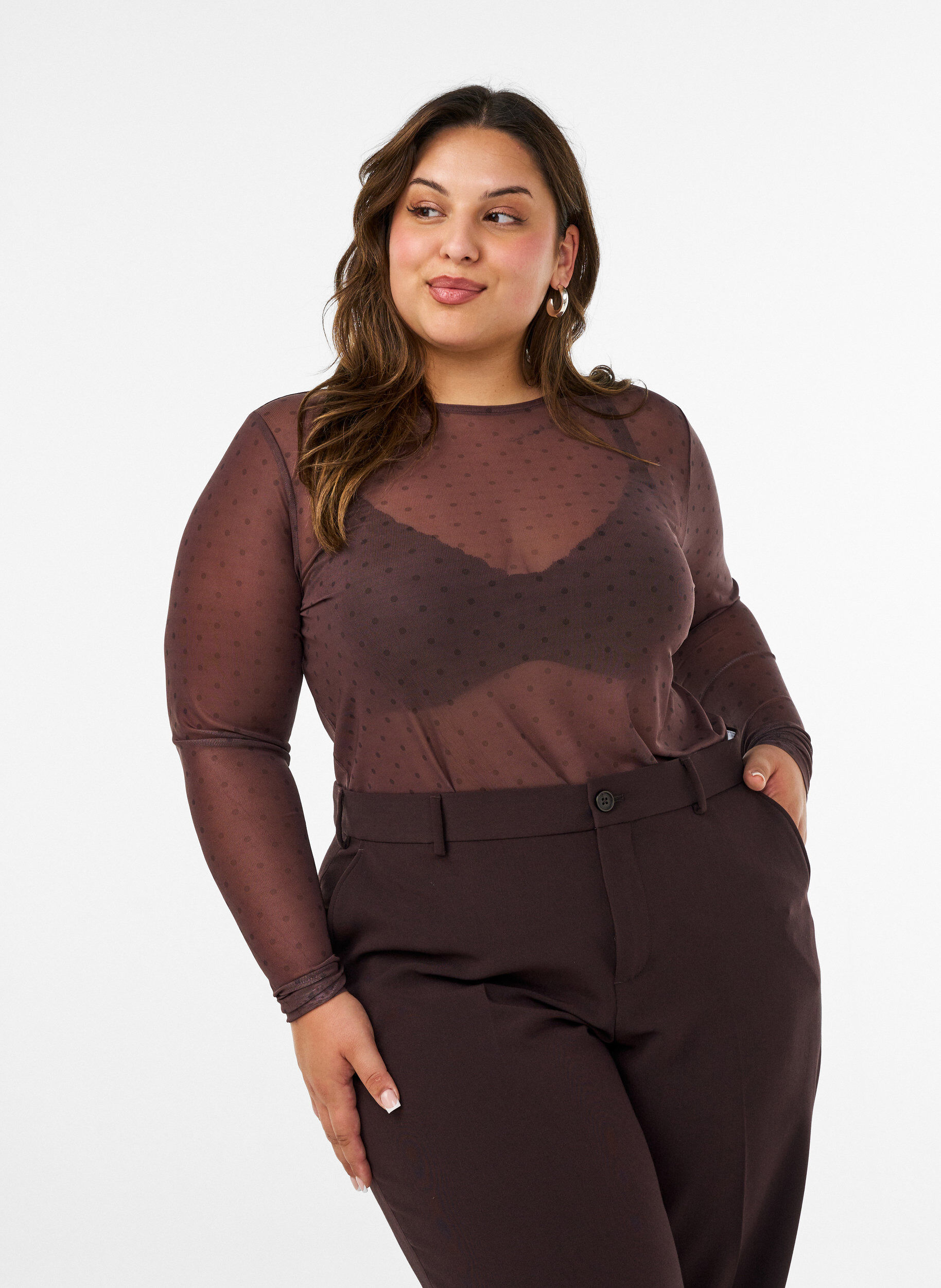 Mesh blouse with print, Brown, Model