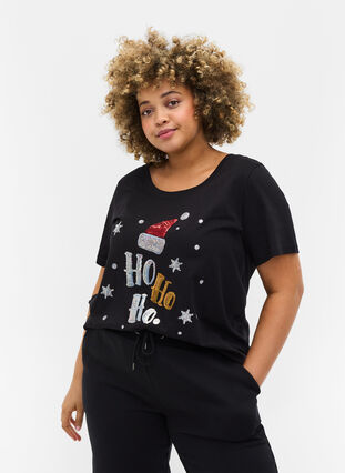 Christmas t-shirt in cotton, Black Ho Ho Ho, Model image number 0