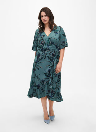 Printed wrap dress with short sleeves , Sea Pine Leaf AOP, Model image number 3