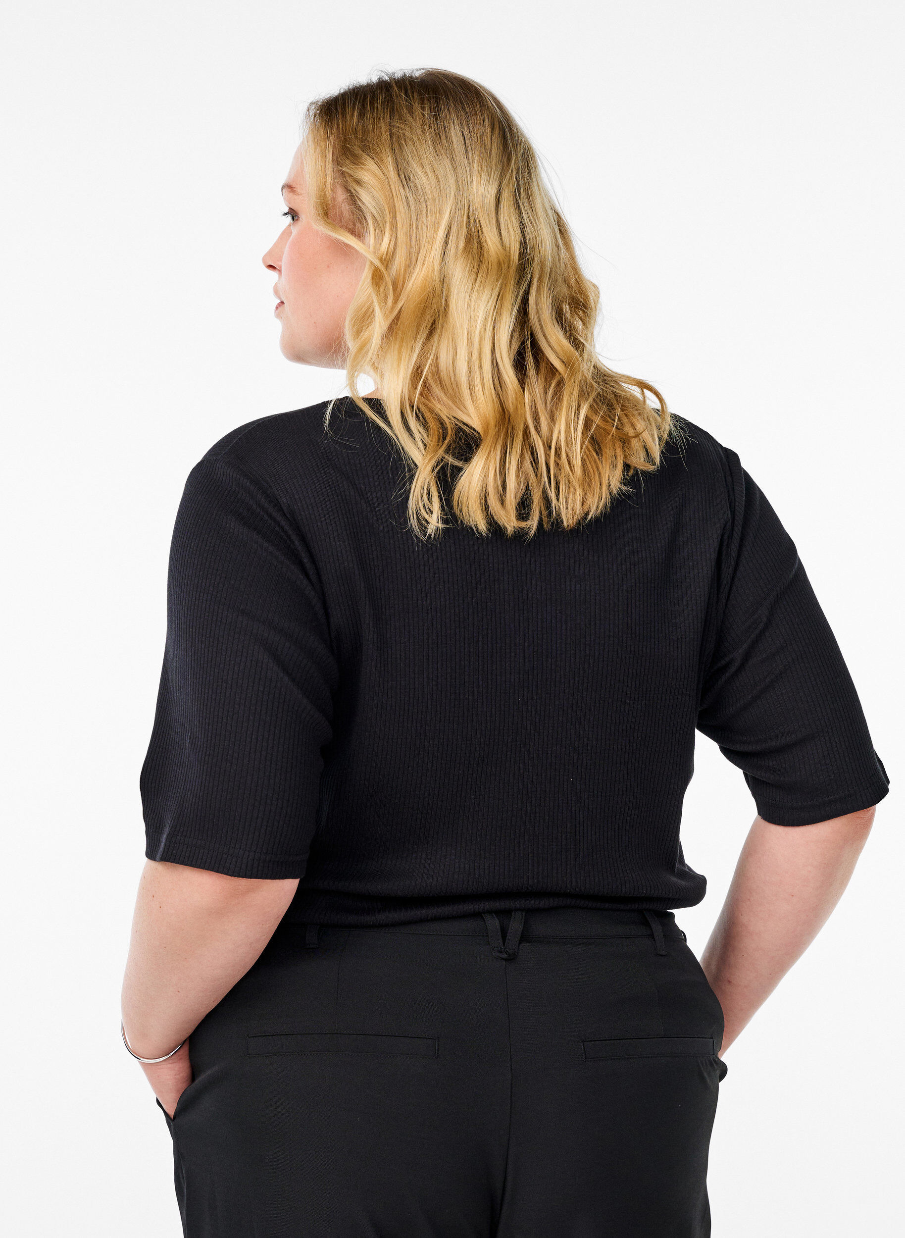 ZizzifashionRibbed jersey blouse with short sleeves, Black, Model image number 2