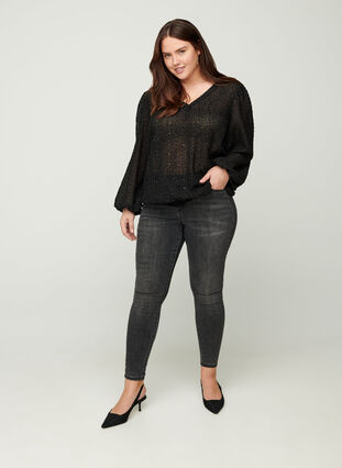 Textured blouse with smocking and a V-neck, Black, Model image number 2
