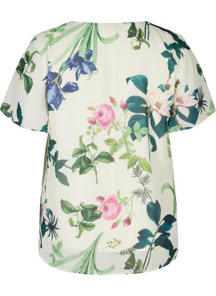 Short-sleeved blouse with a floral print, Bright White AOP, Packshot image number 1