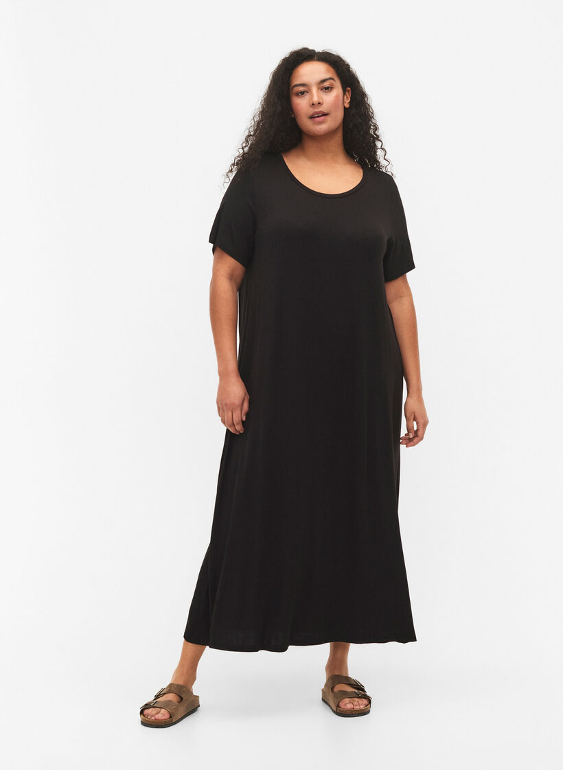 Viscose midi dress with short sleeves, Black, Model image number 0