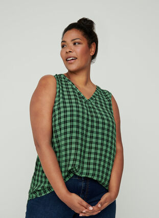 Checked viscose top with a V-neck, Dark Ivy CHECK, Model image number 0