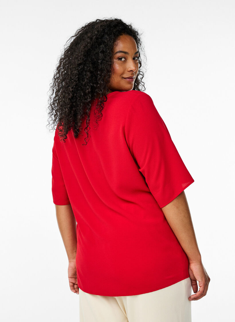 Short-sleeved blouse with V-neck, Red, Model image number 2