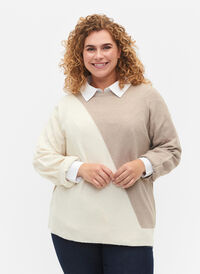Knitted blouse with round neck and colorblock, Simply Taupe Comb, Model