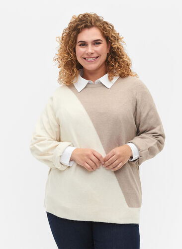 Knitted blouse with round neck and colorblock, Simply Taupe Comb, Model image number 0