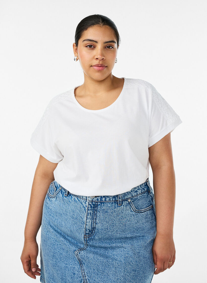 Cotton T-shirt with crochet detail, White, Model image number 0