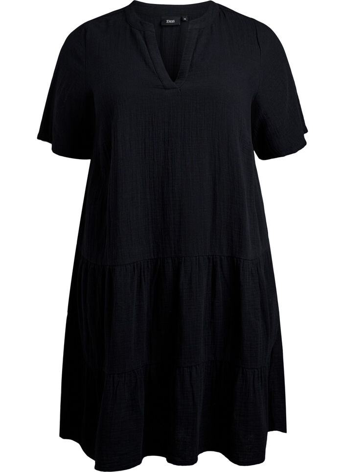 Short dress in cotton muslin with a pattern, Black, Packshot image number 0