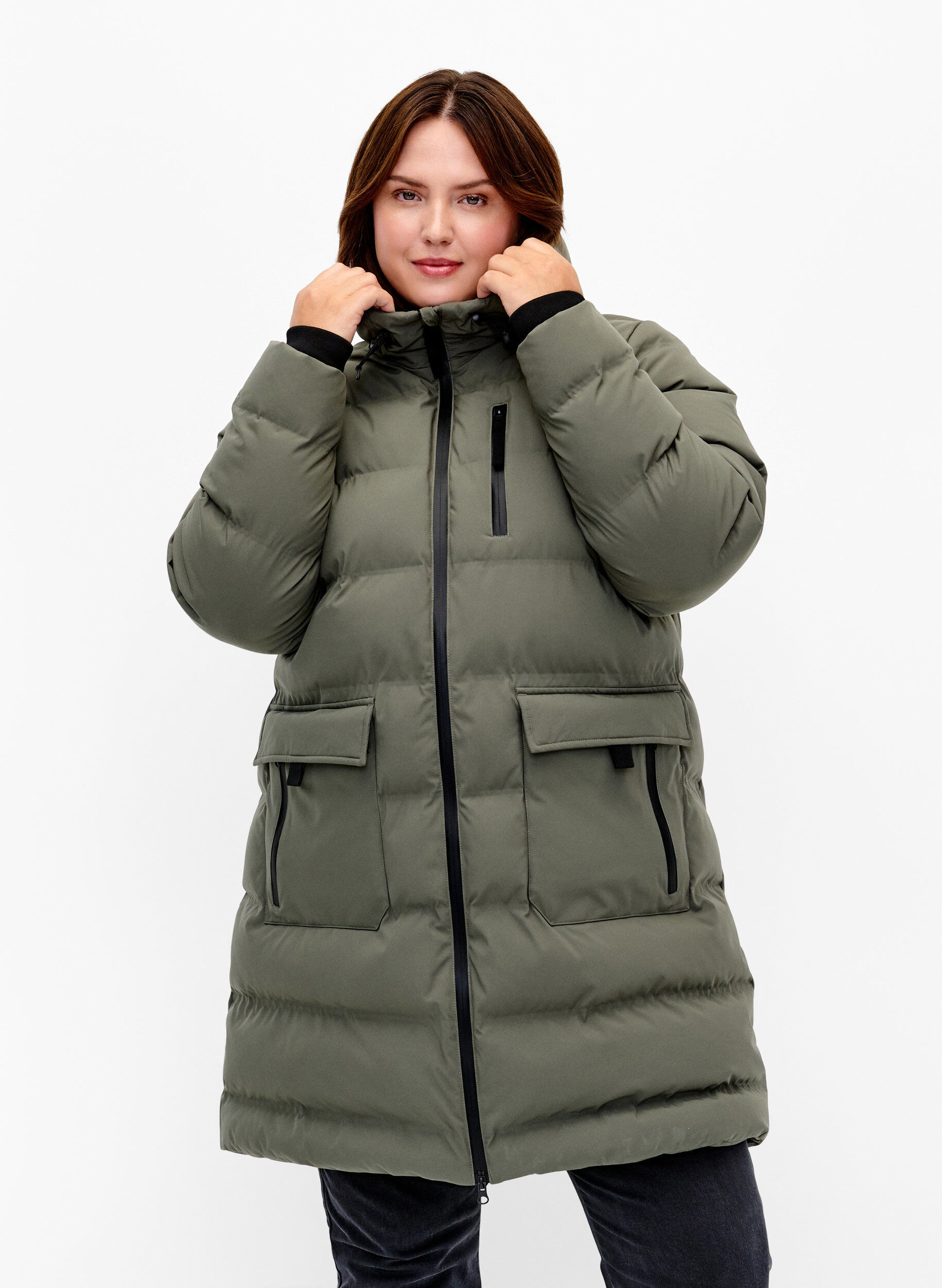Zizzifashion Puffer coat with hood and pockets, Green, Model image number 0