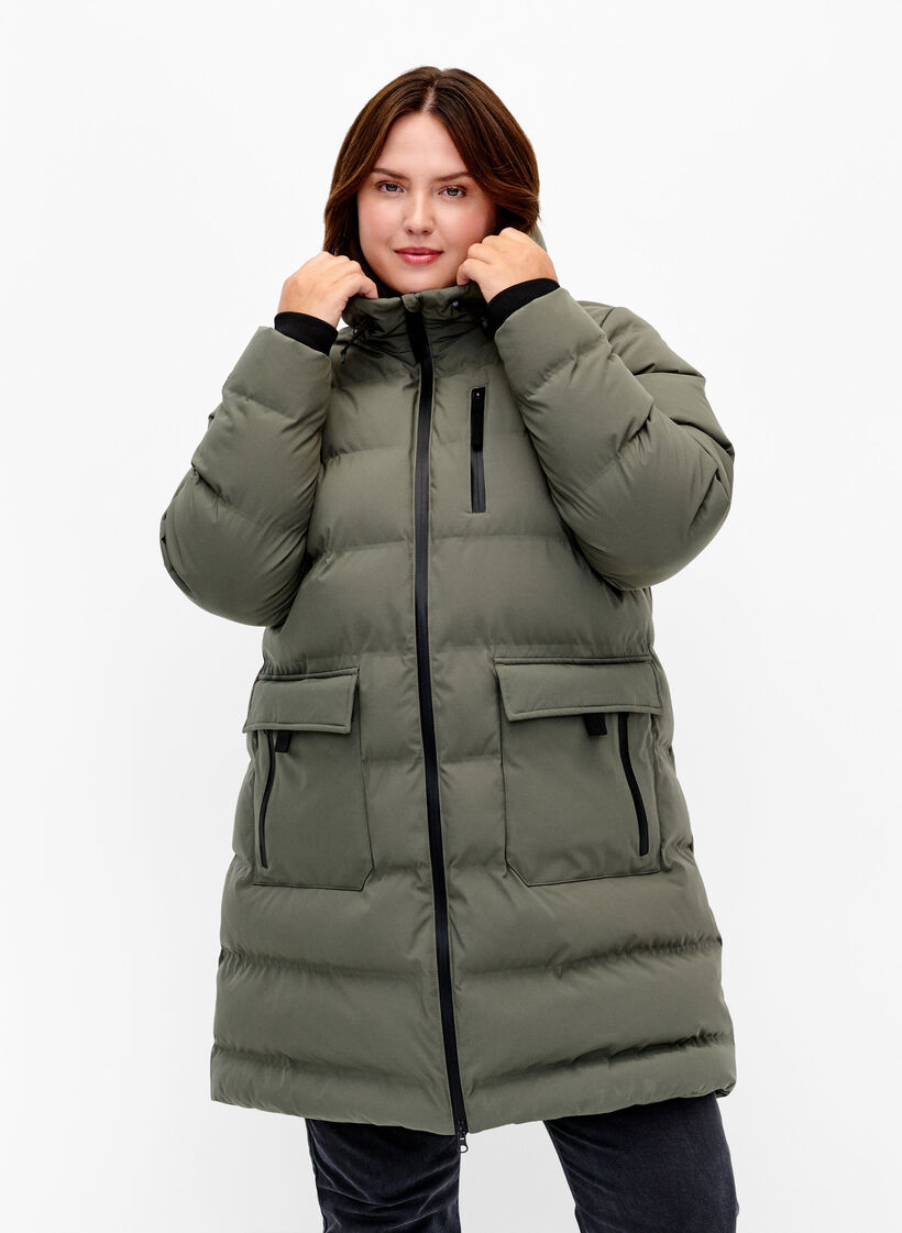 Puffer coat with hood and pockets, Green, Model image number 0