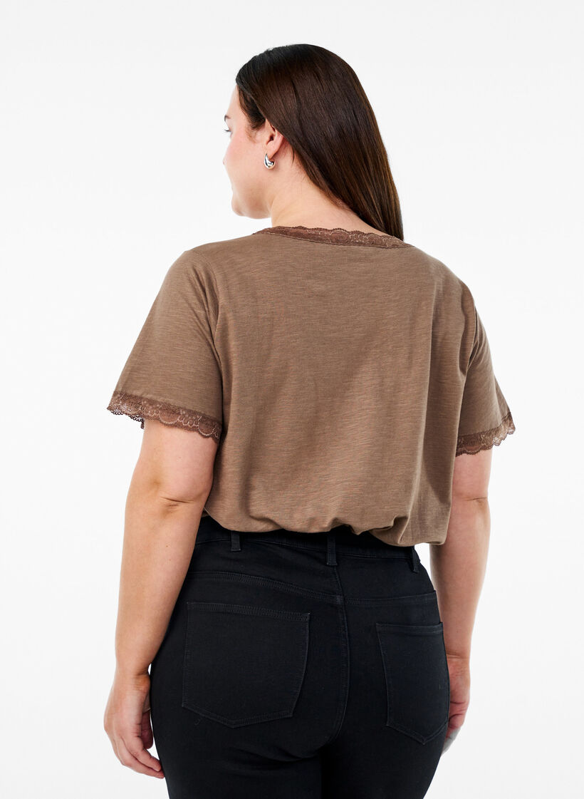 T-shirt with lace trim, Brown, Model image number 2