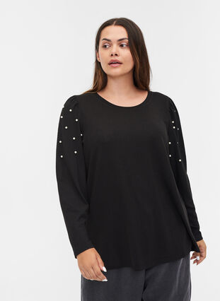 Long sleeve blouse with pearls, Black, Model image number 0