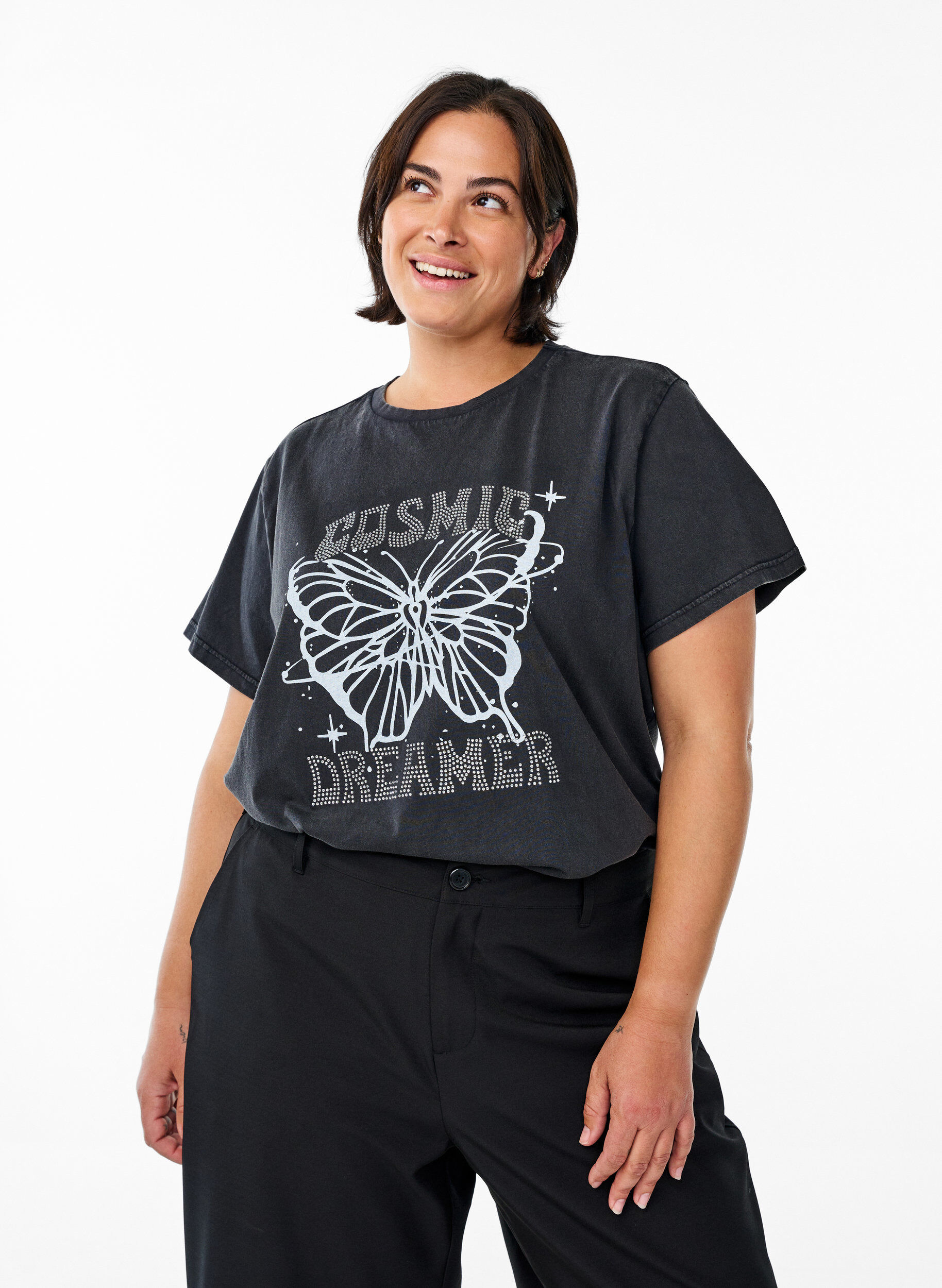 Zizzifashion Organic cotton T-shirt with rhinestones and butterfly motif, Grey, Model image number 0