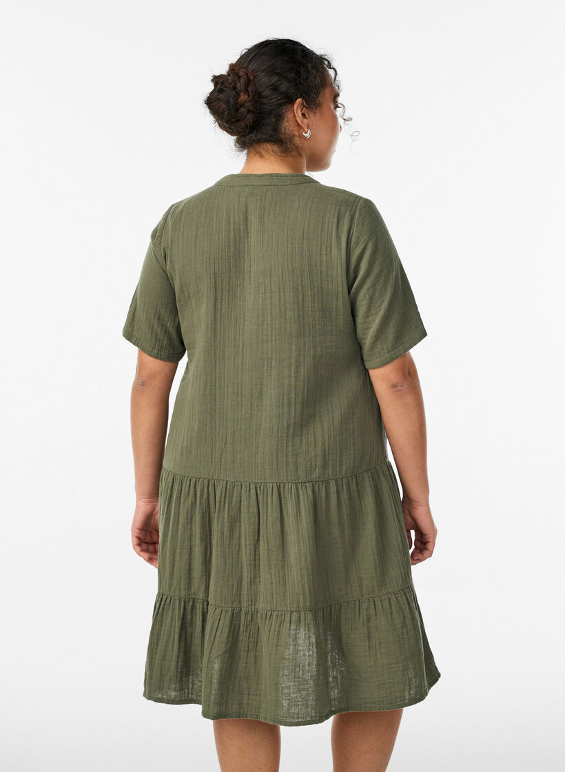Short A-line dress in cotton muslin, Green, Model image number 2