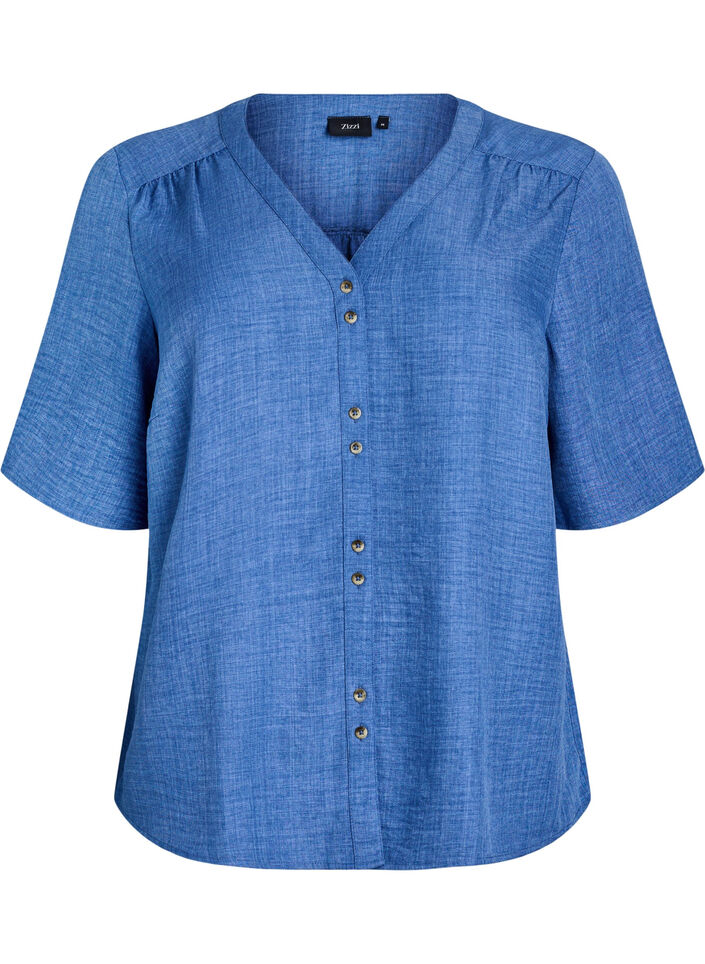 V-neck shirt blouse with short sleeves, Blue, Packshot image number 0