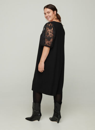 Dress with short lace sleeves and a V-neck, Black, Model image number 0