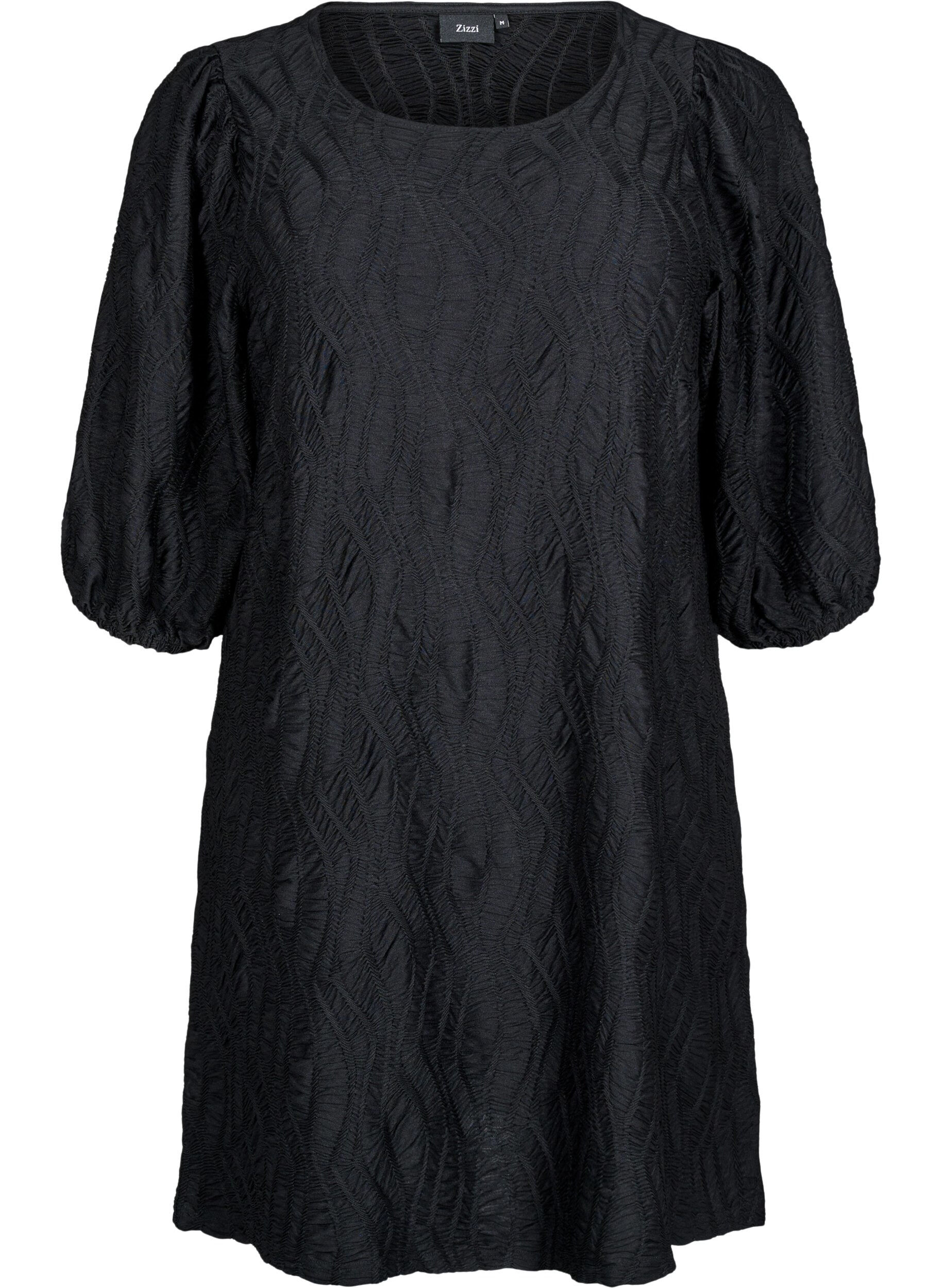 Zizzifashion Short dress with texture and 3/4 sleeves, Black, Packshot image number 0