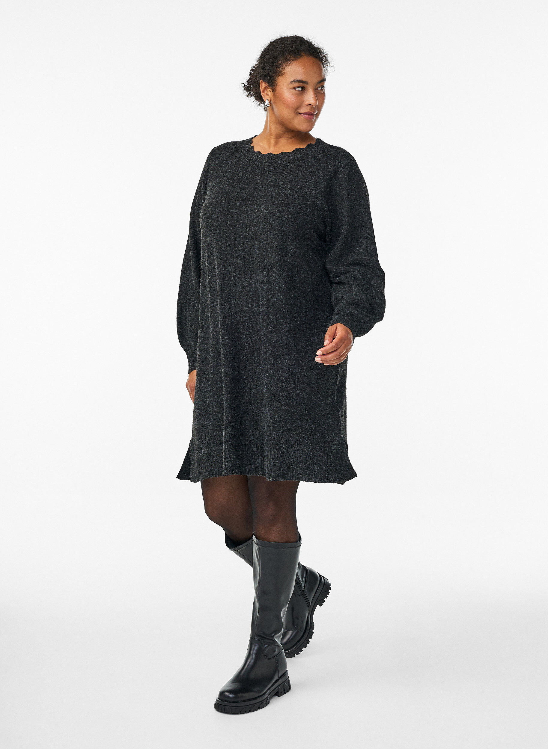 ZizzifashionShort knitted dress with wavy hem and slits, Dark Grey, Model image number 0