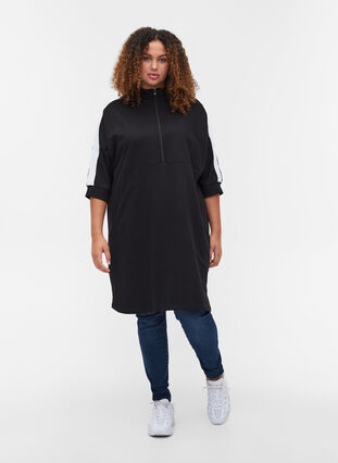 Cotton sweater dress with a zip and 3/4 sleeves, Black, Model image number 3