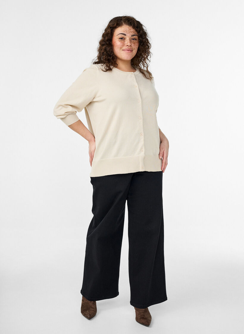 Fine-knit cardigan with round neck, Beige, Model image number 1