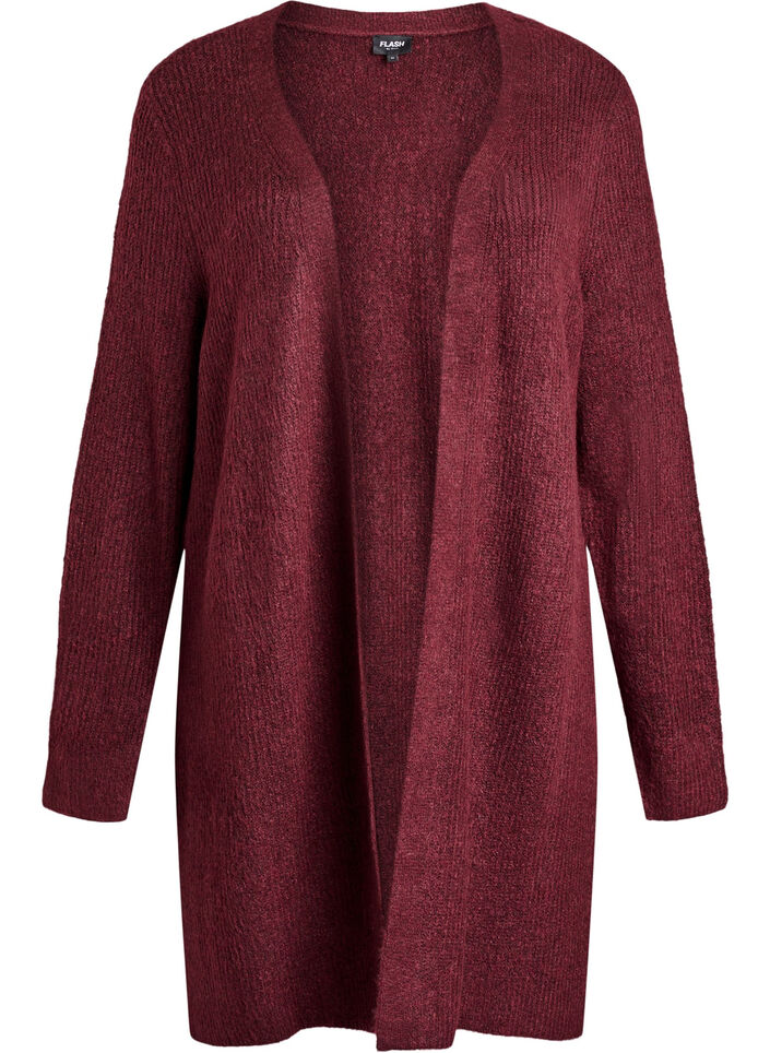 Long ribbed cardigan with an open front, Red, Packshot image number 0