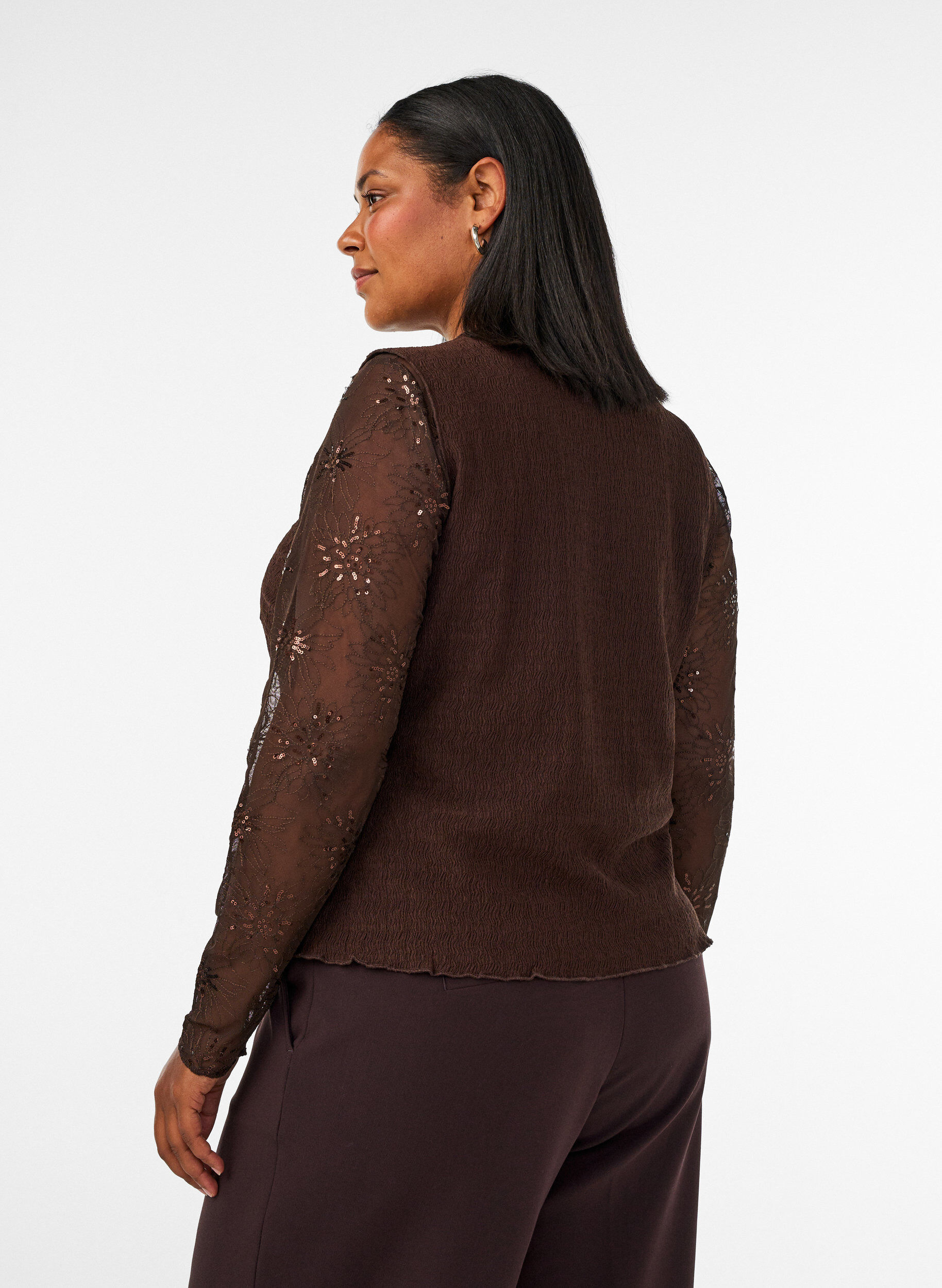 ZizzifashionMesh blouse with flowers and sequins, Brown, Model image number 2