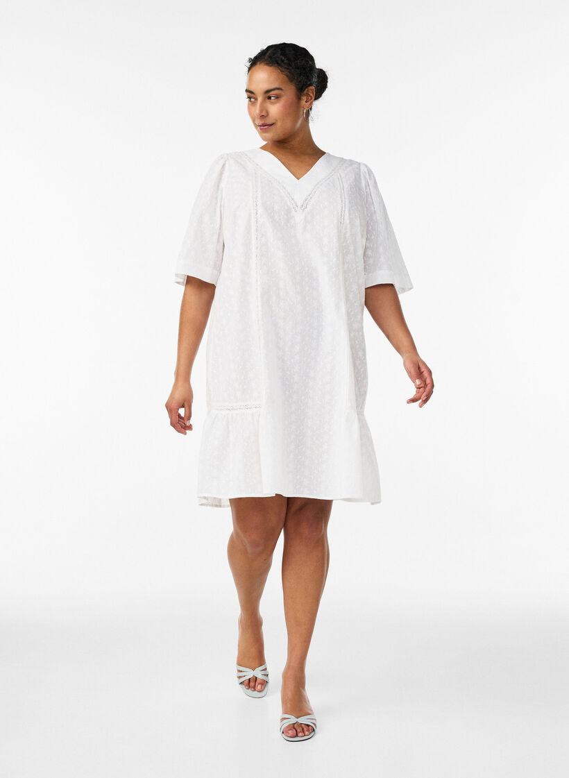 Knee-length cotton dress with embroidery and a V-neck, White, Model image number 1