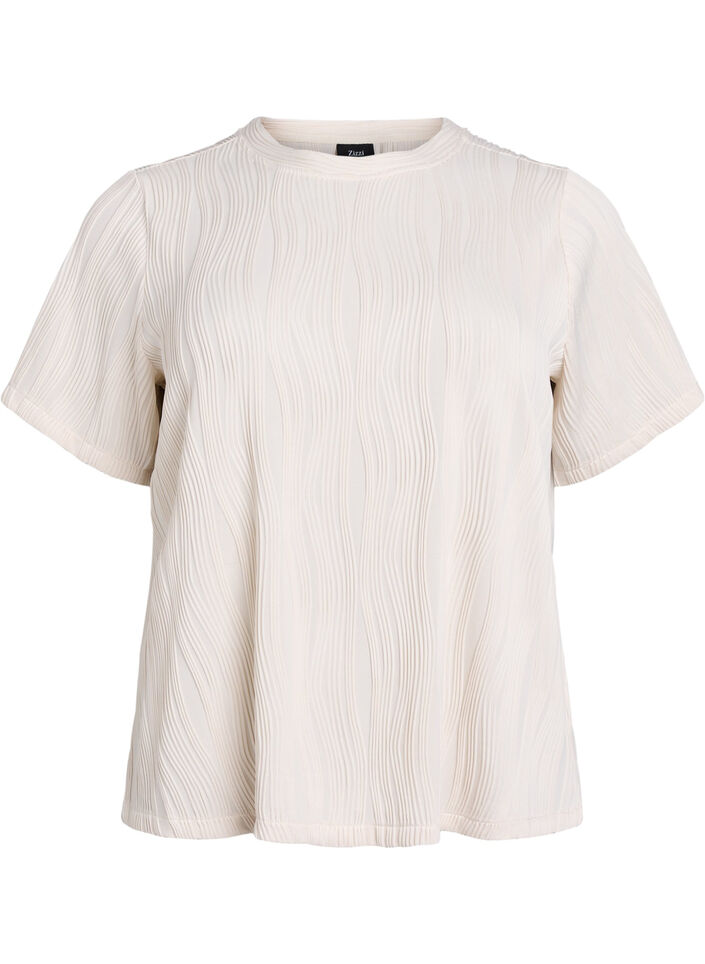 Blouse with short sleeves and a wavy texture, Beige, Packshot image number 0