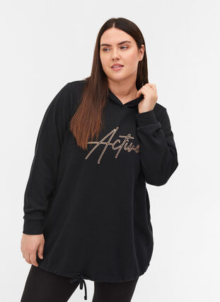 Sweatshirt with hood and adjustable bottom hem, Black, Model image number 0