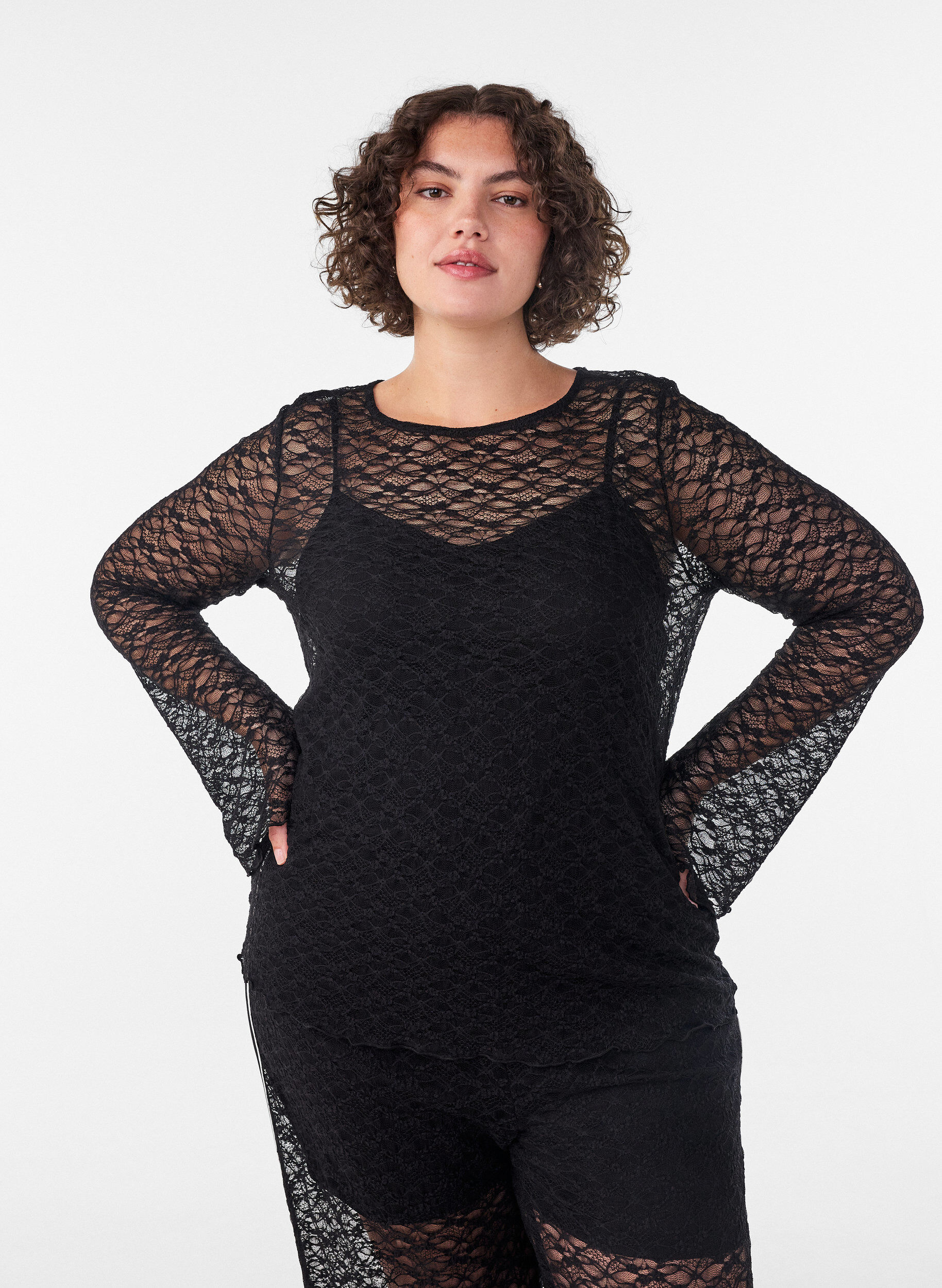 ZizzifashionSheer lace blouse with long sleeves, Black, Model image number 0