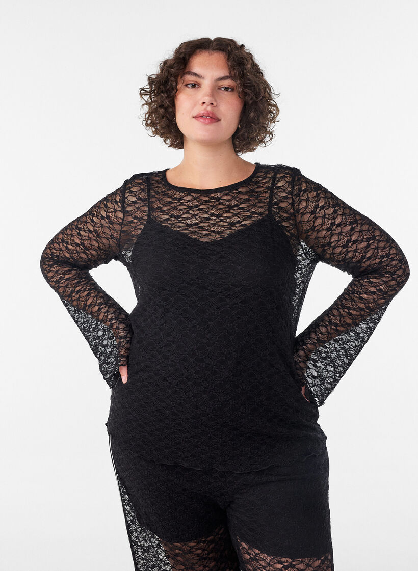Sheer lace blouse with long sleeves, Black, Model image number 0