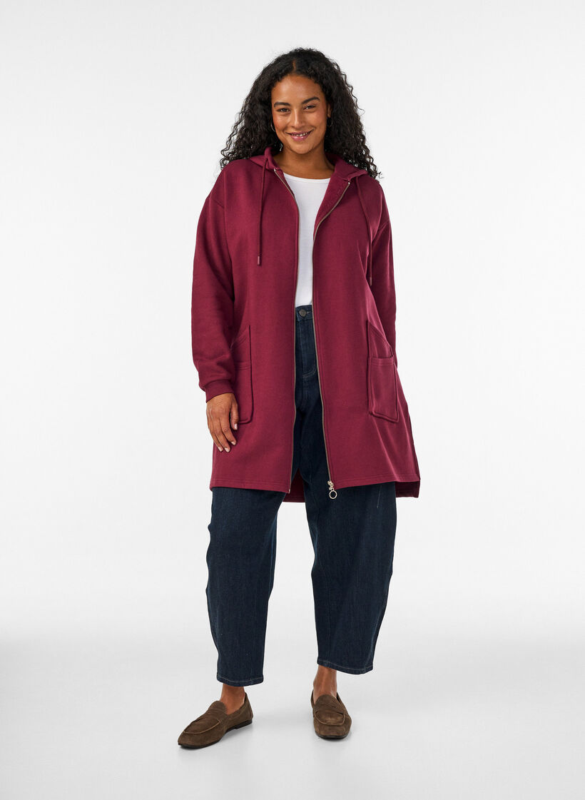 Long hooded cardigan with zipper, Red, Model image number 1