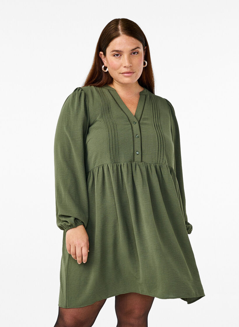 FLASH - Short dress with pleats and long sleeves, Green, Model image number 0