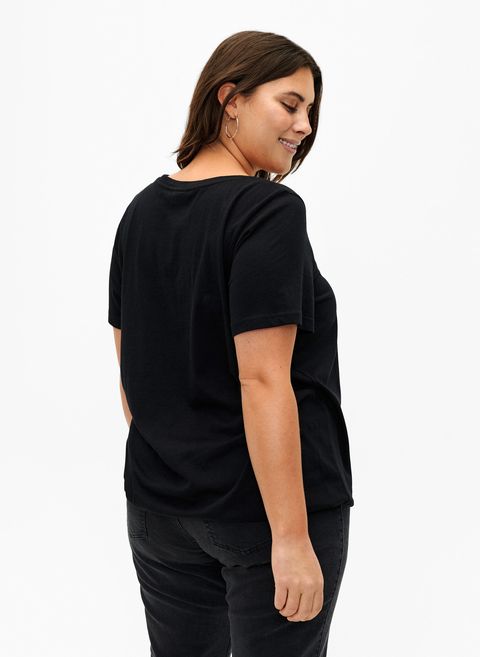 Zizzifashion Short-sleeved cotton T-shirt with elasticated hem, Black w. Live, Model image number 1