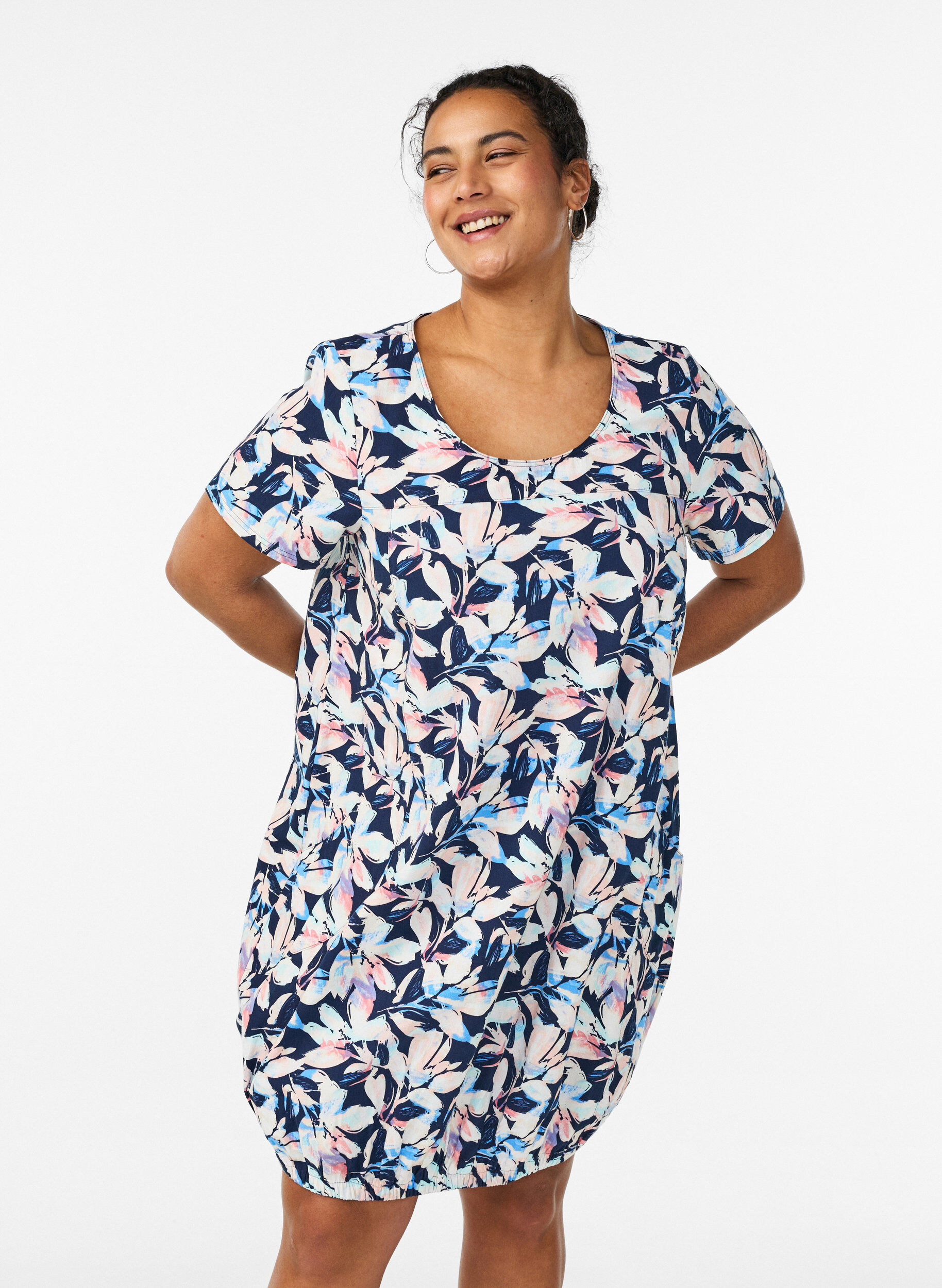 ZizzifashionShort-sleeved cotton dress with print, Blue, Model image number 0